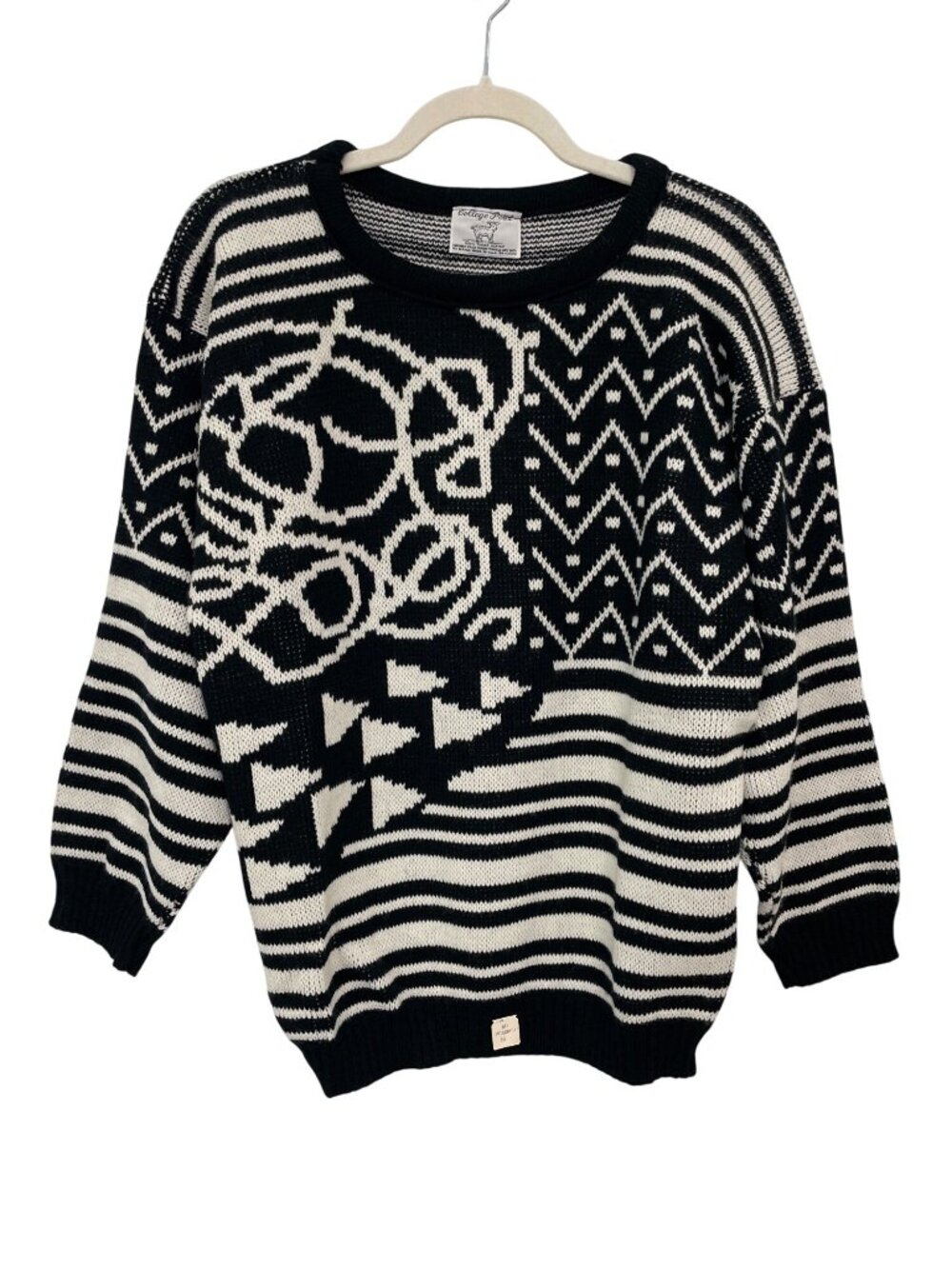Vintage College Point Sweater Medium Geometric Pattern Black Knit Deadstock NEW